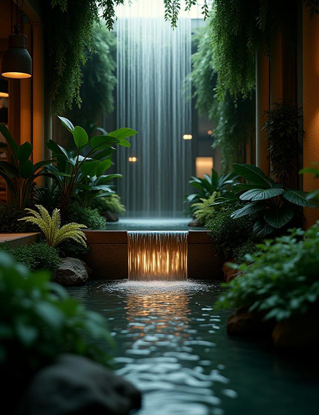 Interior view showing a small waterfall feature, lush greenery, and soft lighting at Misty Bloom